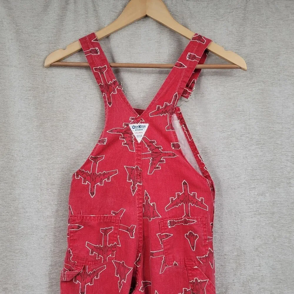 Oshkosh Vintage Vestbak Red Airplane Print Overalls Size 7